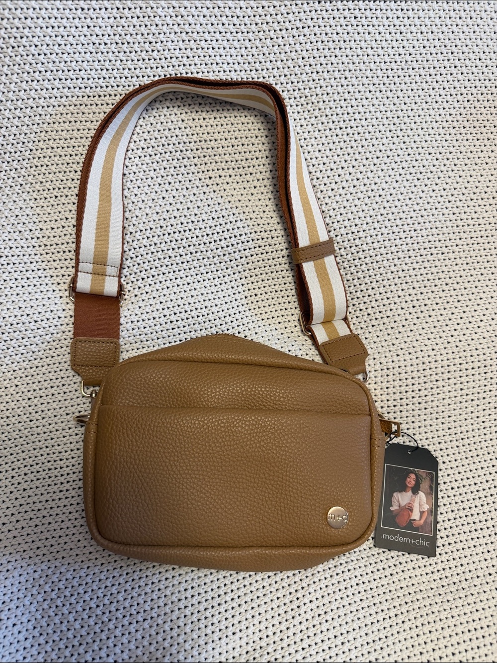 Pebbled Tan Crossbody Bag with Striped Adjustable Strap